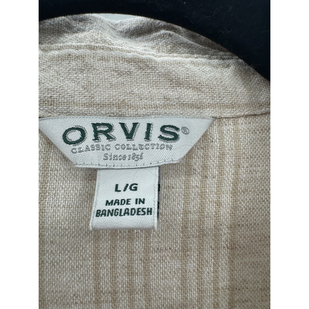 Orvis Large Linen Casual Button Down Long Sleeve Khaki Striped Coastal Preppy - Picture 8 of 16